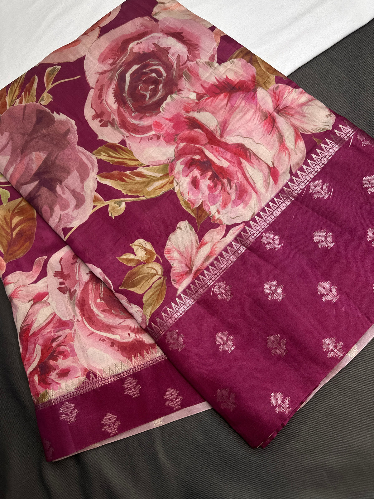 Magenta Floral Semi Crepe Saree - 