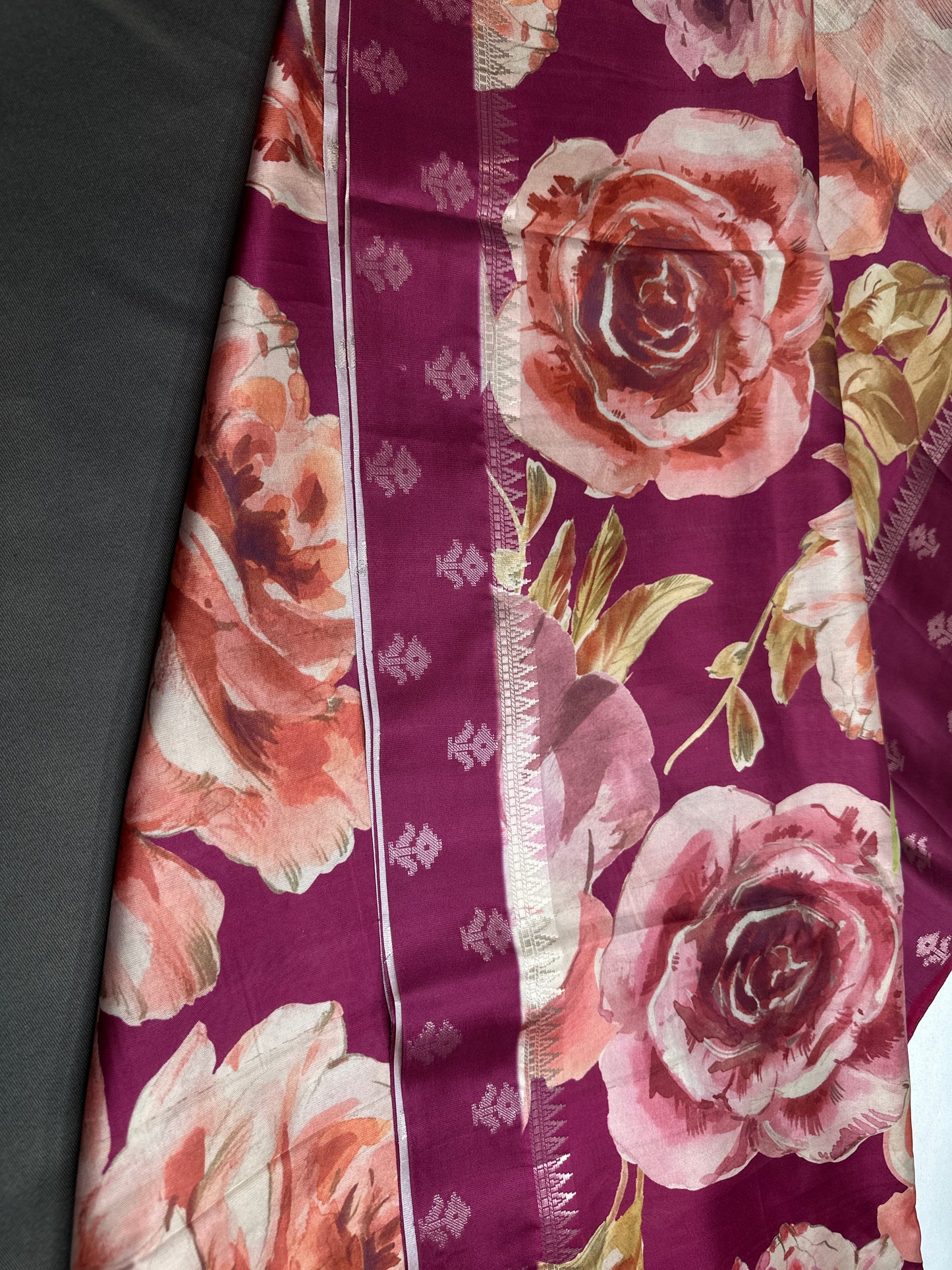 Magenta Floral Semi Crepe Saree - 