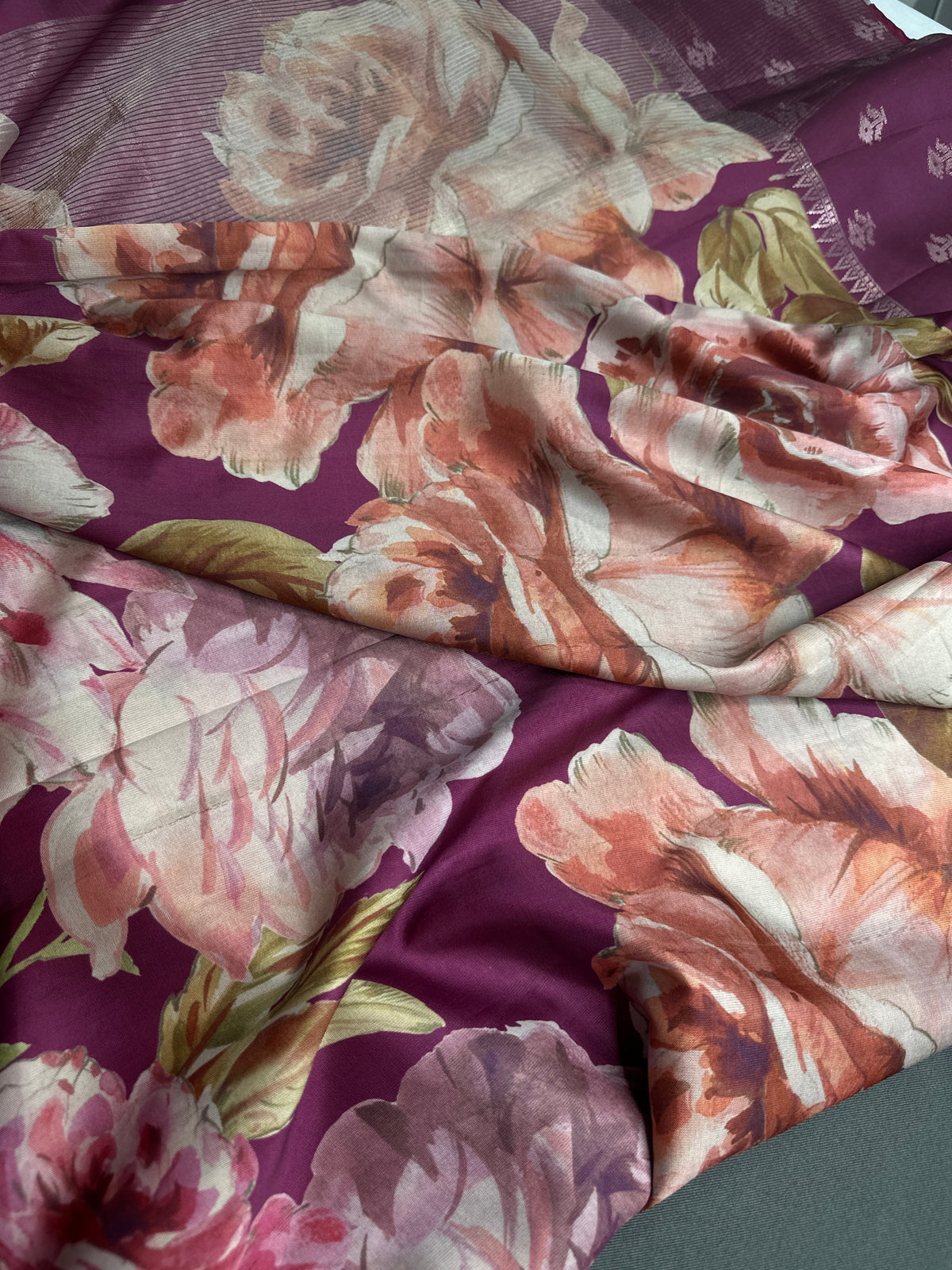 Magenta Floral Semi Crepe Saree - 