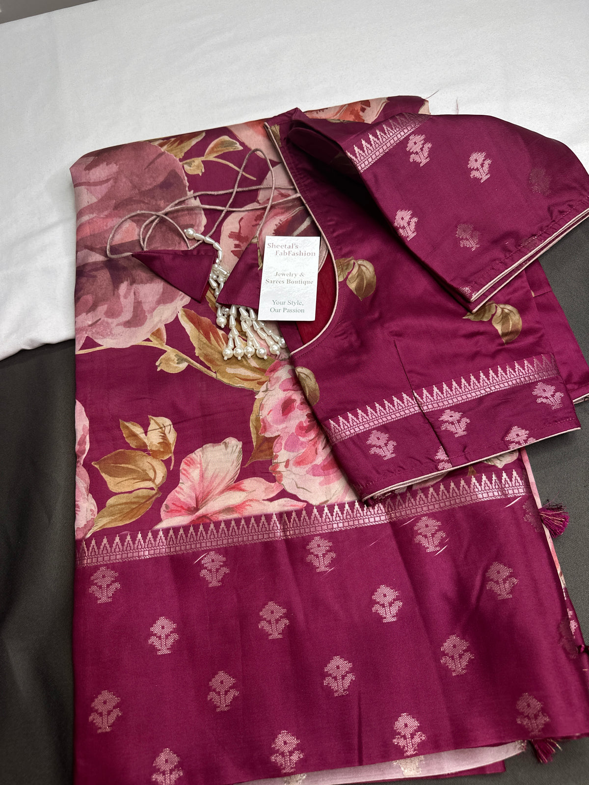 Magenta Floral Semi Crepe Saree - 