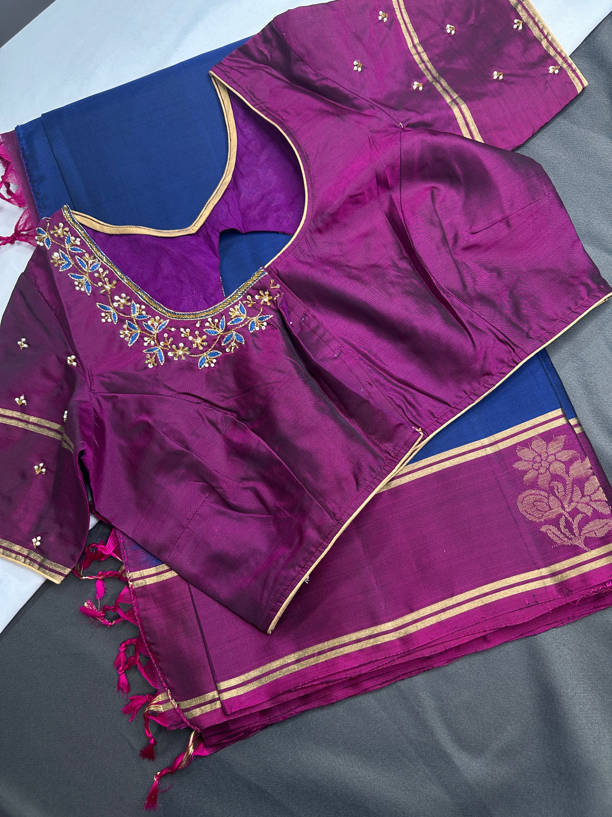 Blue Pink Pure Soft Silk  Handloom Saree - 