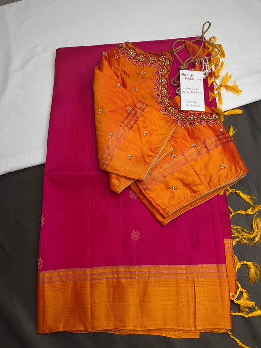 Pink Yellow Pure Soft Silk  Handloom Saree - 