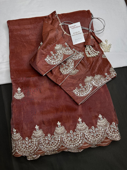 Brown Copper Tissue Designer Party Wear Saree - 