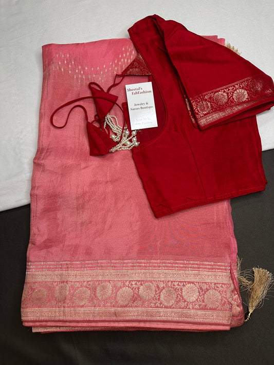 Pink Red Crepe Shimmer Designer Banarsi Saree - 