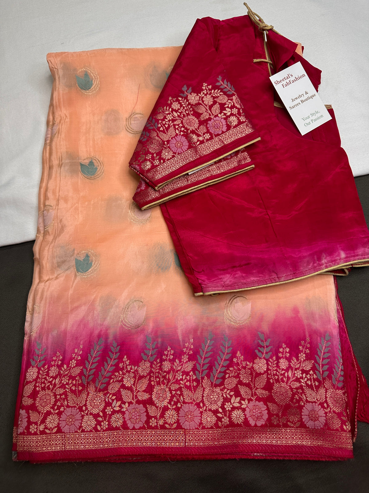 Peach Crepe Designer Banarsi Saree - 
