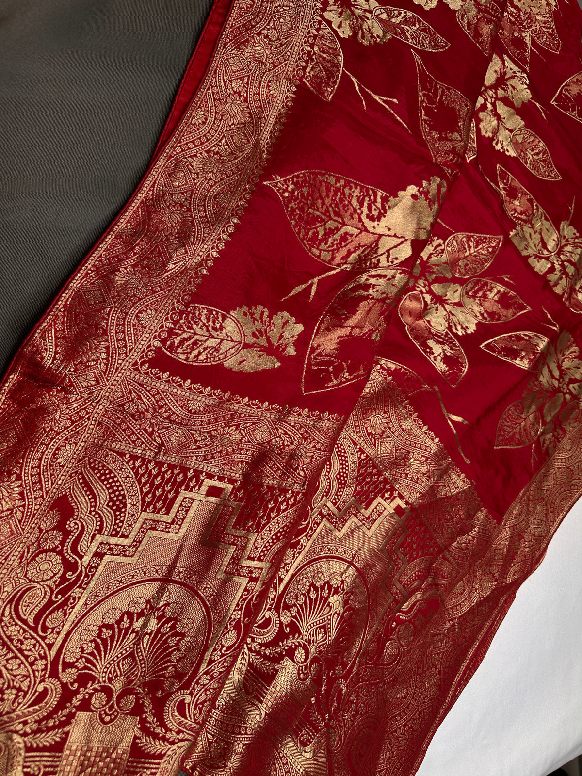 Red Crepe Designer Banarsi Saree - 