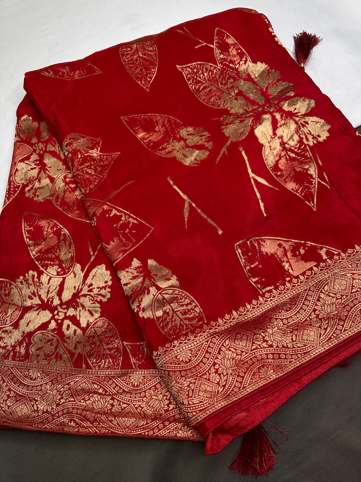 Red Crepe Designer Banarsi Saree - 