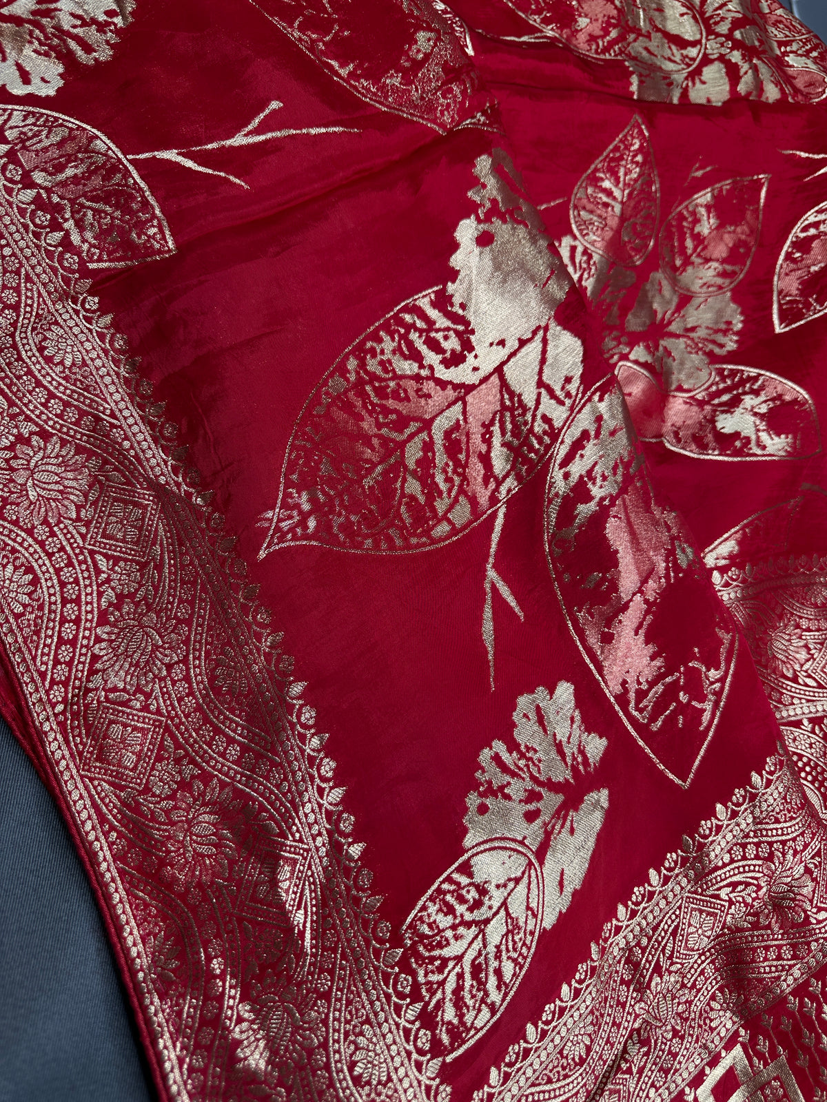Red Crepe Designer Banarsi Saree - 