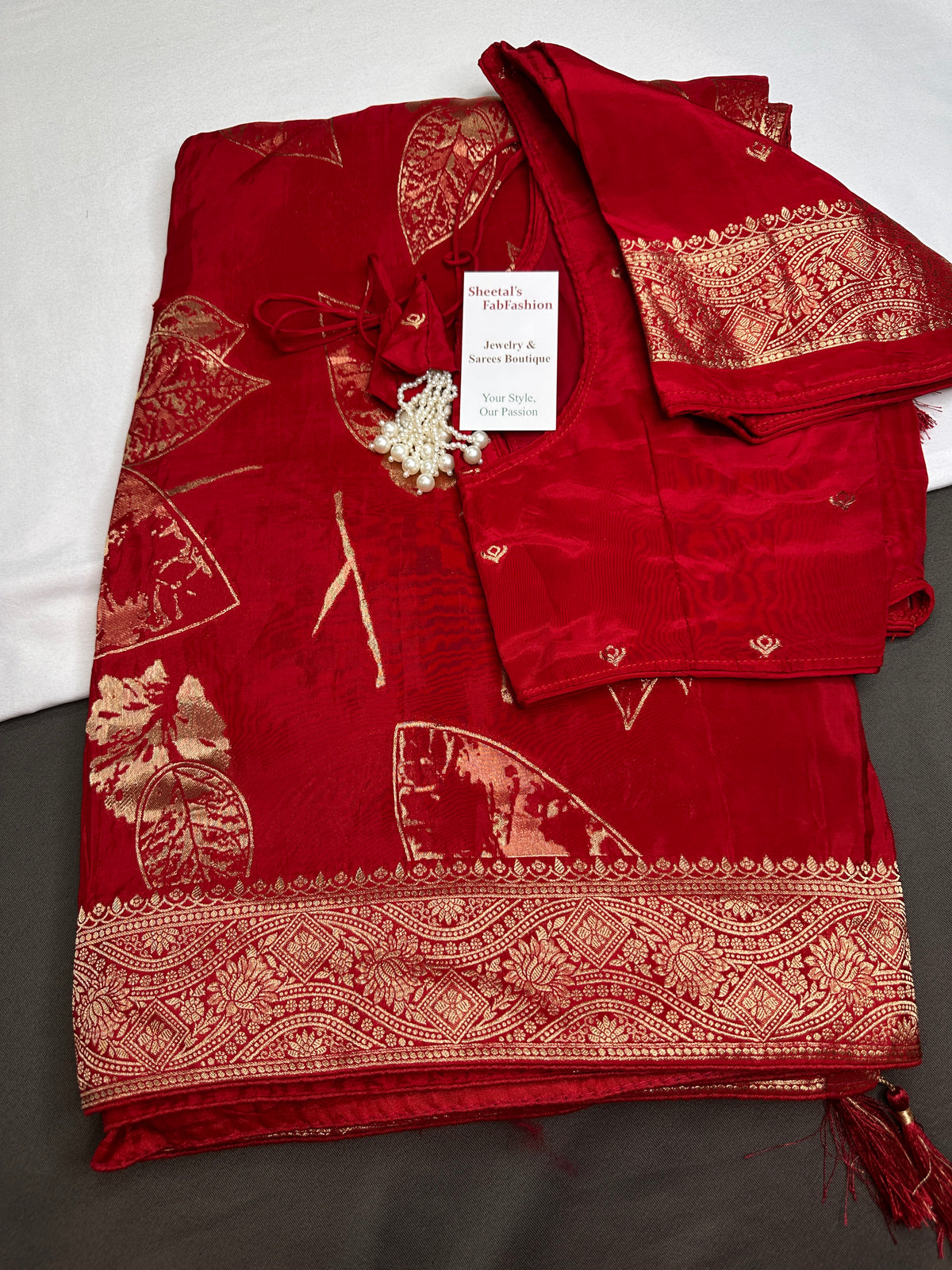 Red Crepe Designer Banarsi Saree - 