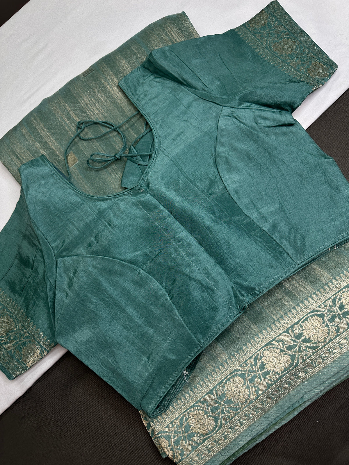 Teal Crepe Tissue Banarsi Saree - 