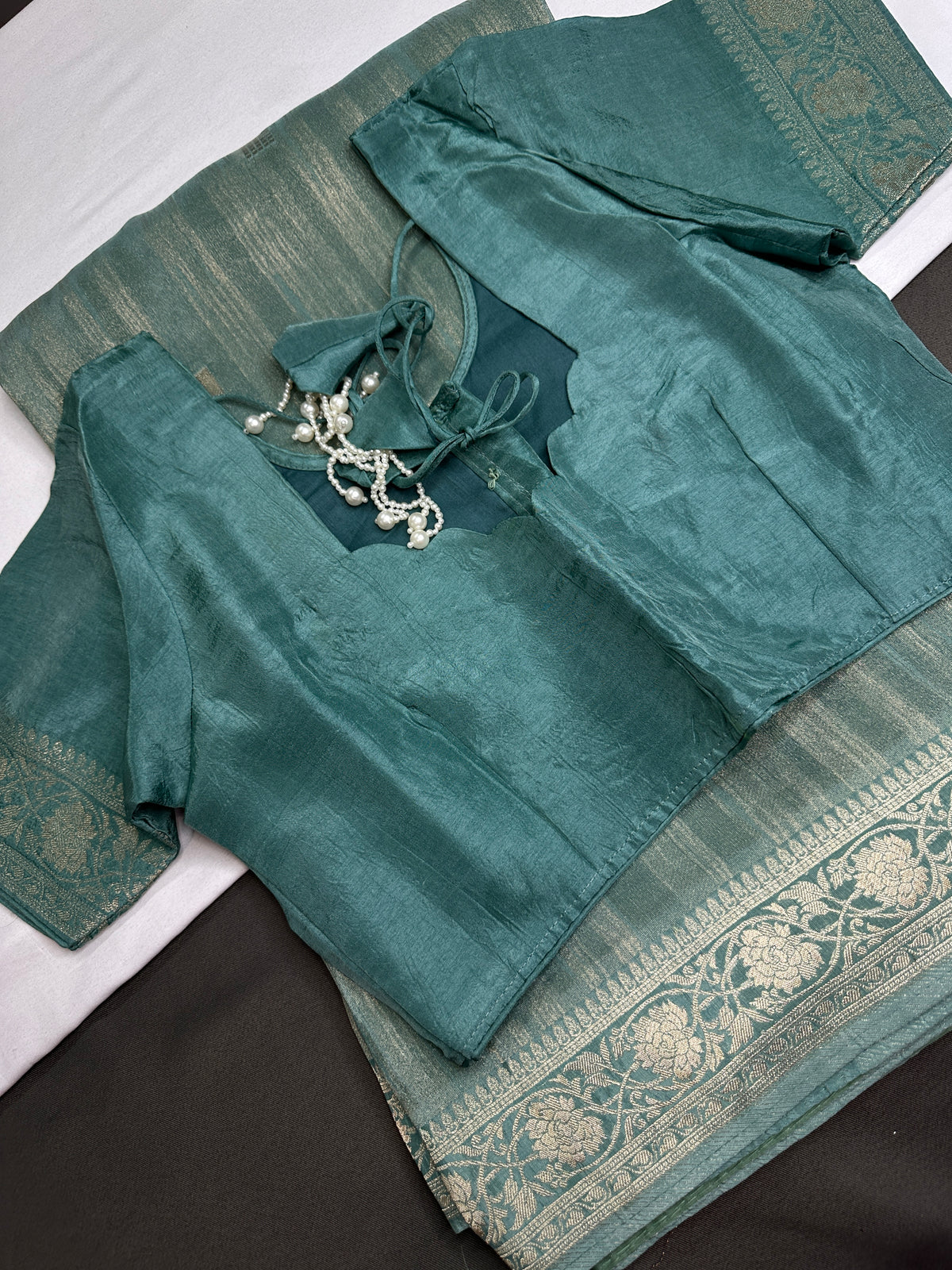 Teal Crepe Tissue Banarsi Saree - 
