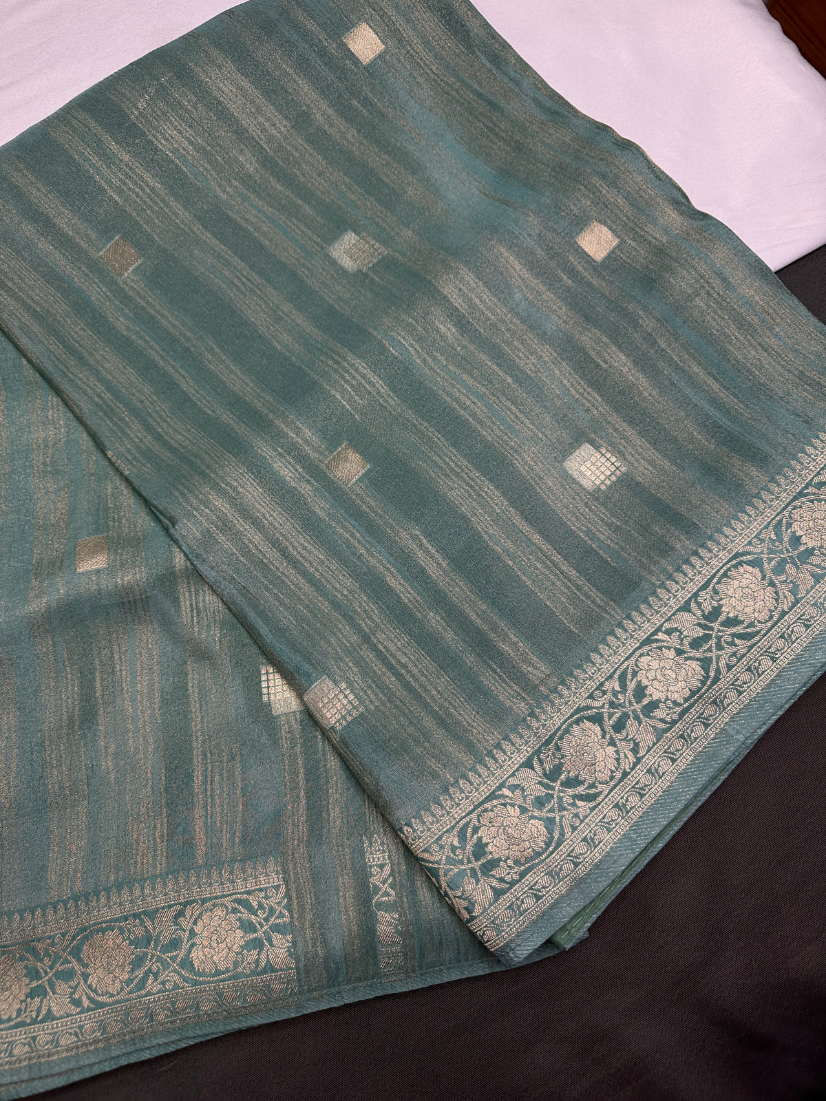 Teal Crepe Tissue Banarsi Saree - 
