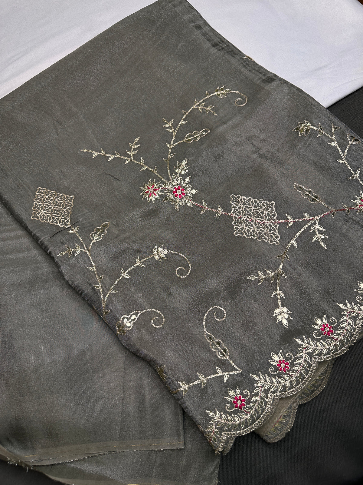 Grey Tissue Designer Banarsi Saree - 