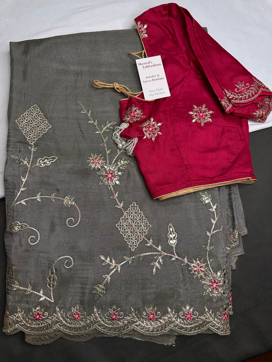 Grey tissue designer Banarasi saree with pink stitched blouse - SR001043