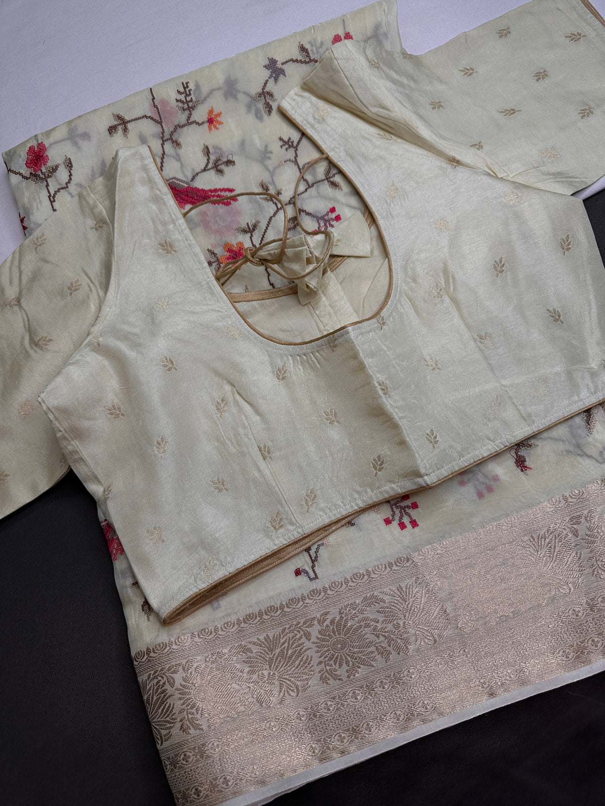 Cream Crepe Designer Banarsi Embroidery Saree - 