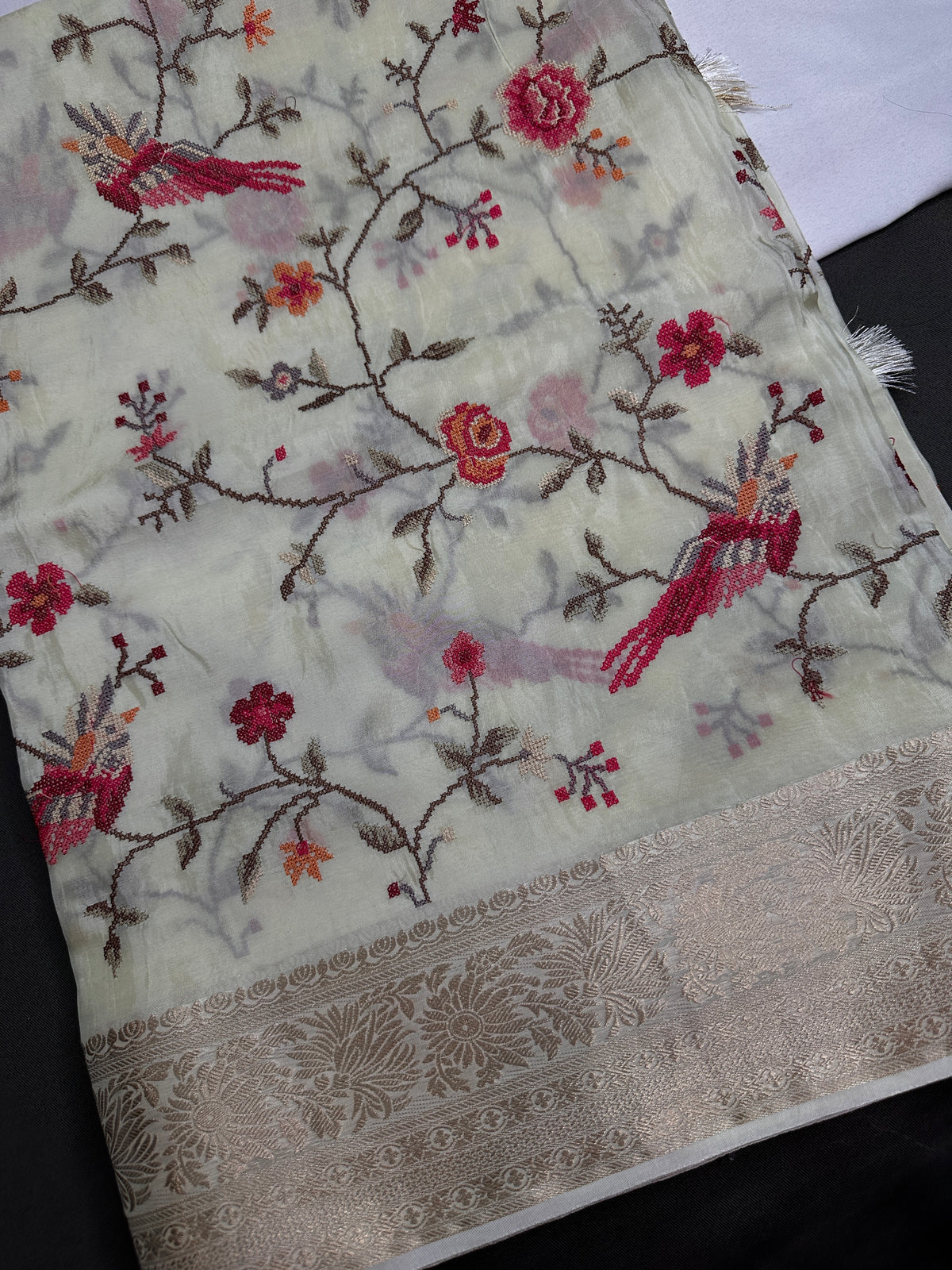 Cream Crepe Designer Banarsi Embroidery Saree - 
