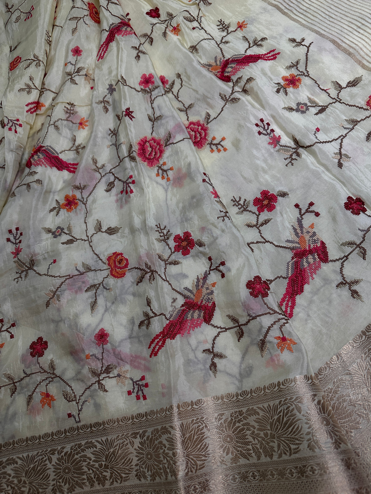Cream Crepe Designer Banarsi Embroidery Saree - 