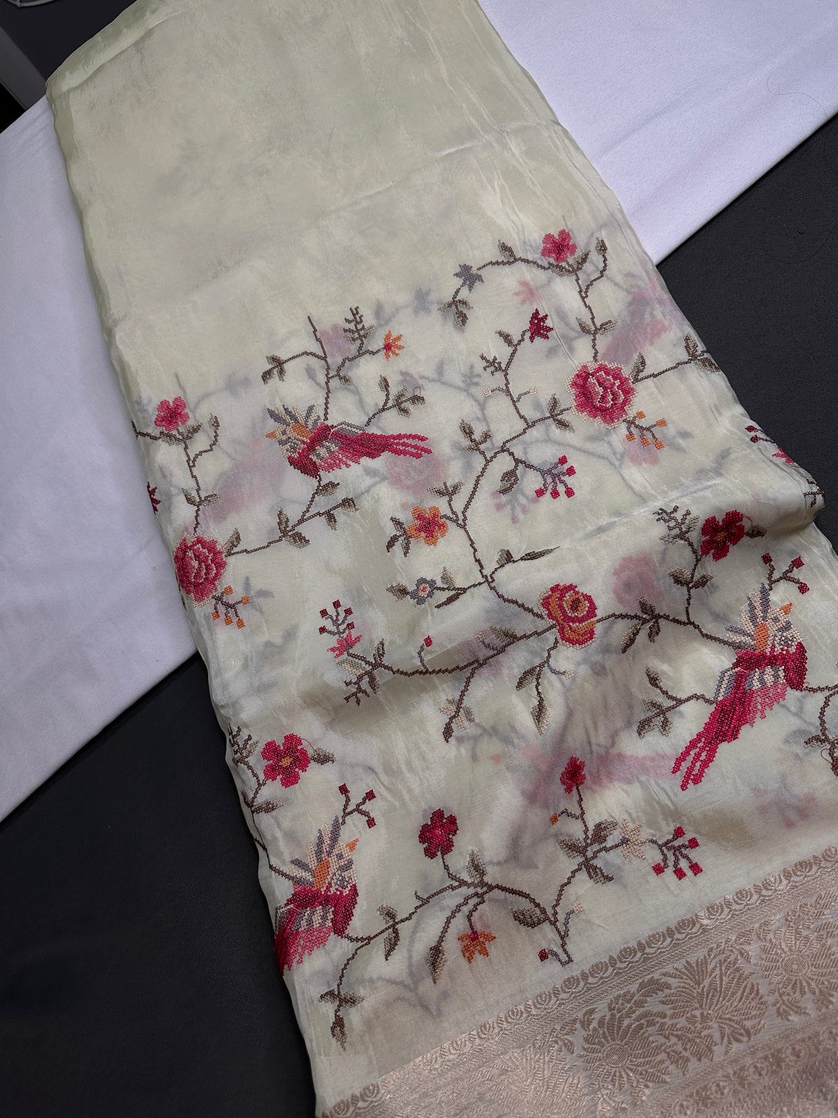 Cream Crepe Designer Banarsi Embroidery Saree - 