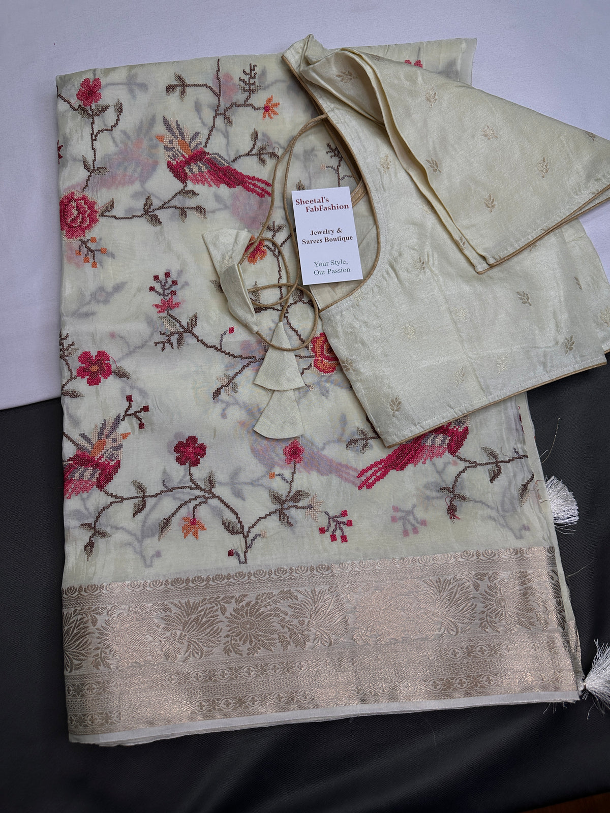 Cream Crepe Designer Banarsi Embroidery Saree - 