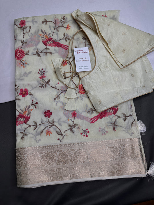 Cream Crepe Designer Banarsi Embroidery Saree - 
