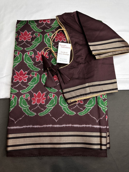Printed Patola Semi Silk Brown Saree - 