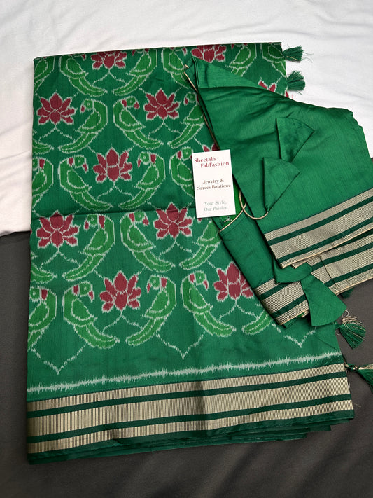 Printed Patola Semi Silk Green Saree - 