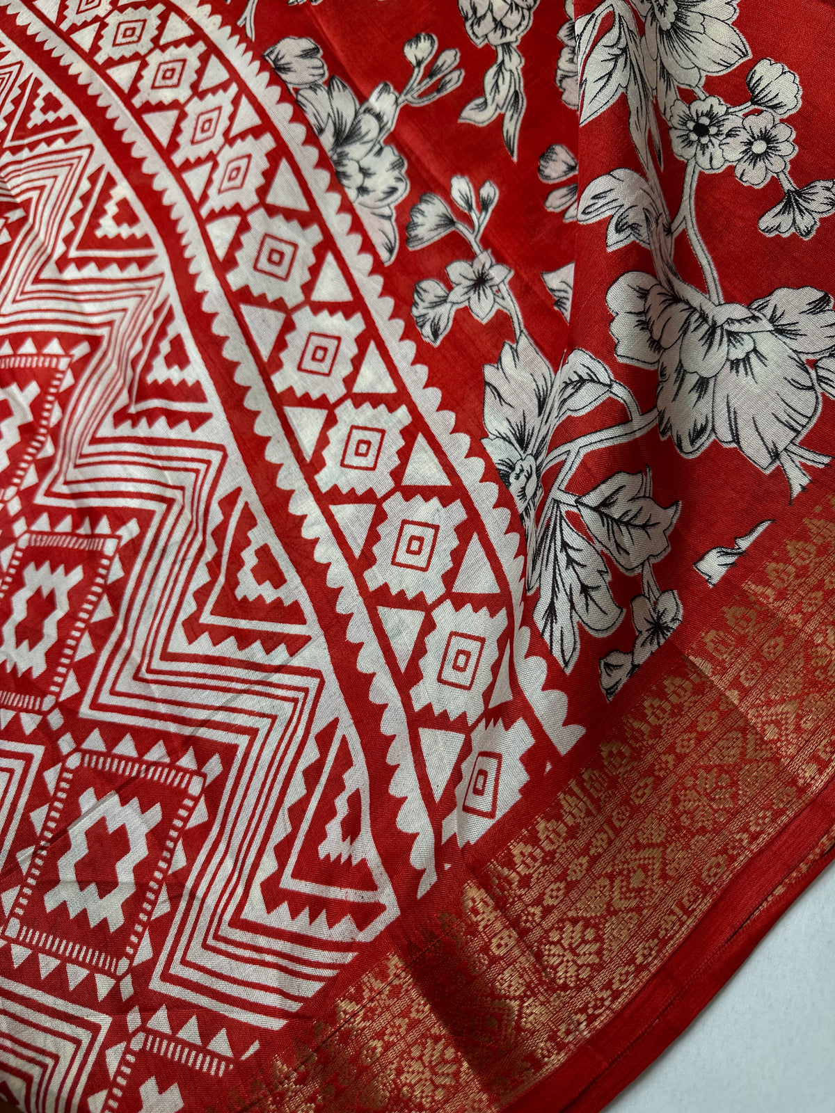 Kalamkari Cotton Silk Red White Floral Print Saree with kanchi Border - 