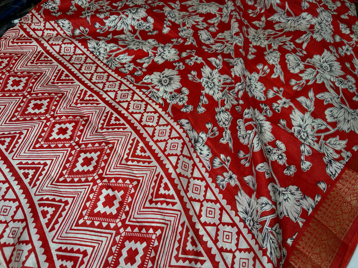 Kalamkari Cotton Silk Red White Floral Print Saree with kanchi Border - 