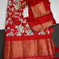 Kalamkari Cotton Silk Red White Floral Print Saree with kanchi Border - 