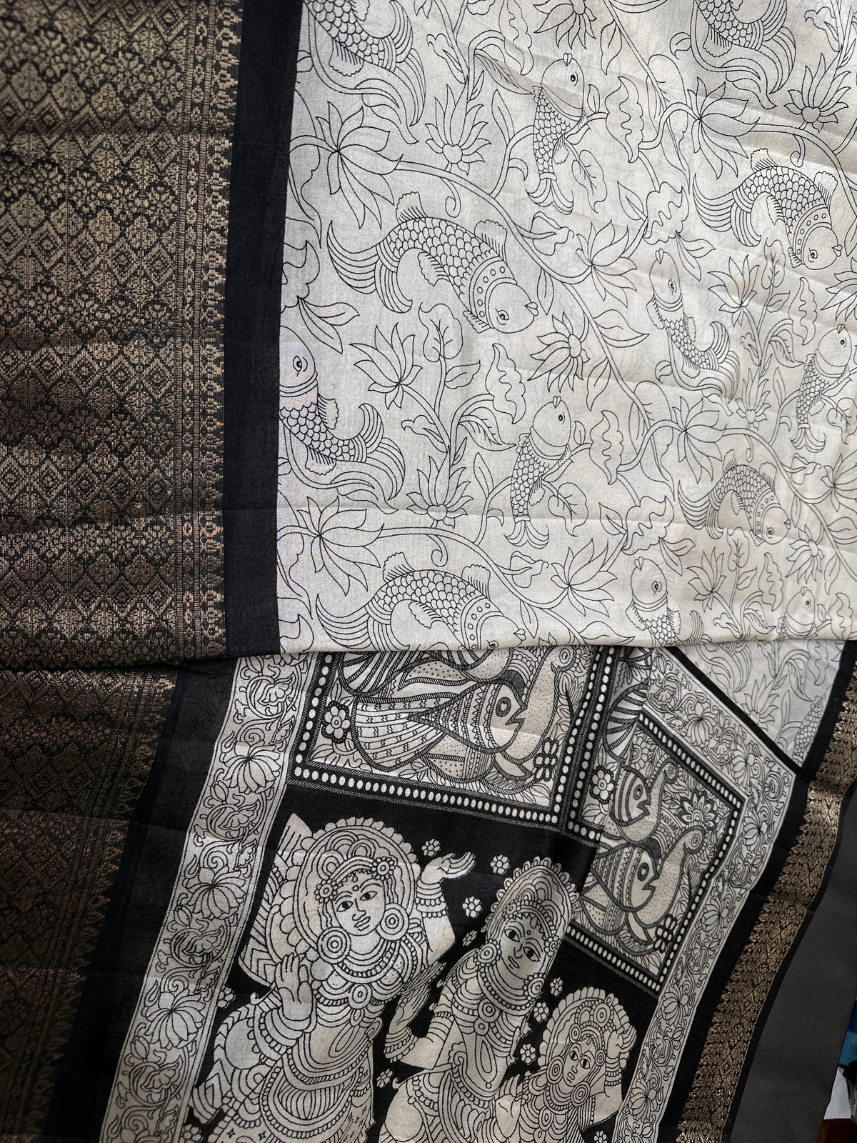 Kalamkari Cotton Silk Black Cream Floral Print Saree with kanchi Border - 