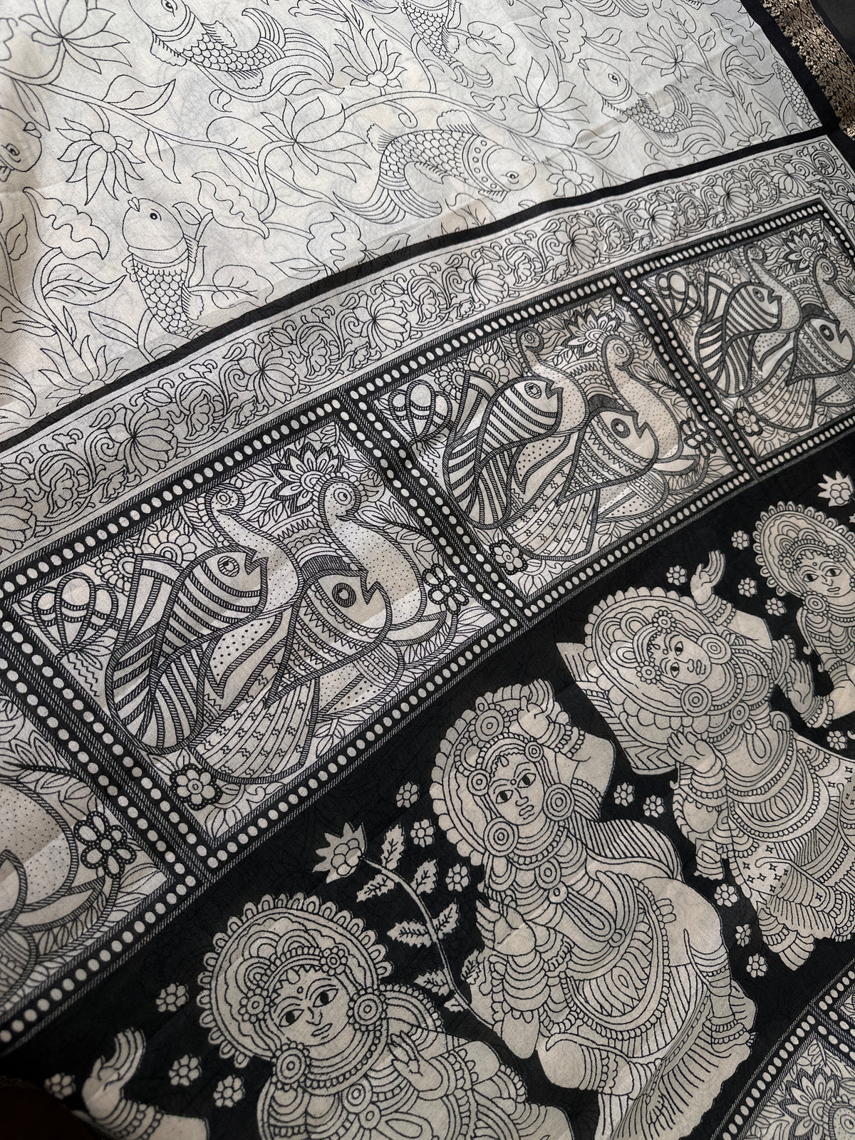 Kalamkari Cotton Silk Black Cream Floral Print Saree with kanchi Border - 