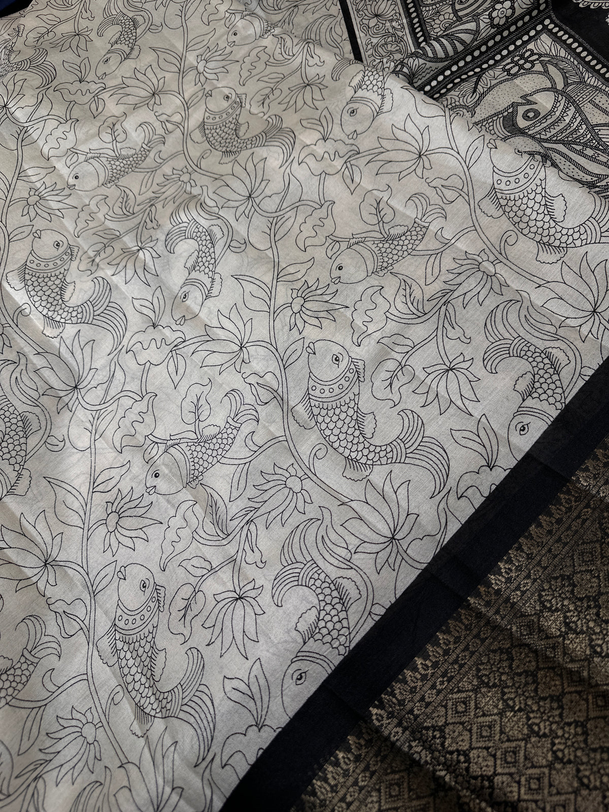 Kalamkari Cotton Silk Black Cream Floral Print Saree with kanchi Border - 