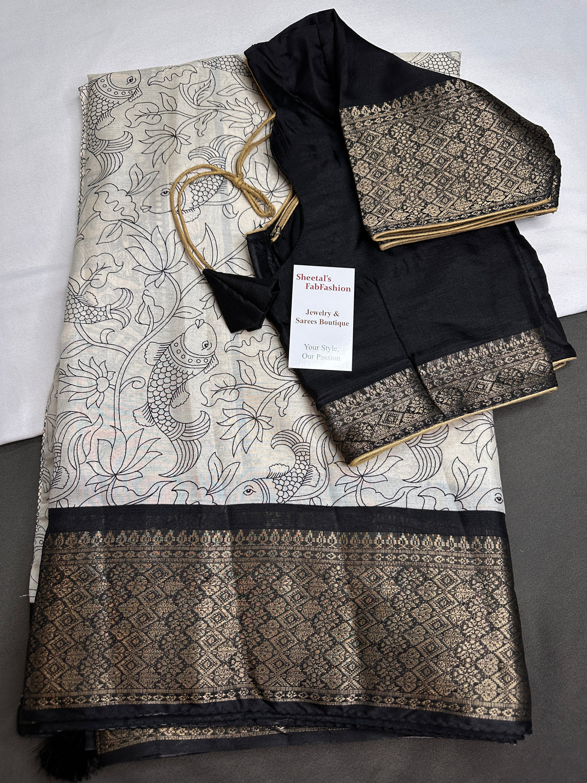 Kalamkari Cotton Silk Black Cream Floral Print Saree with kanchi Border - 