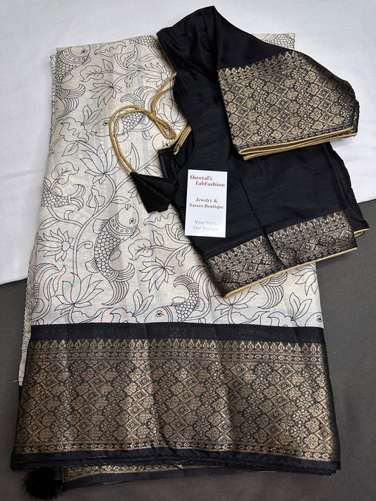 Kalamkari Cotton Silk Black Cream Floral Print Saree with kanchi Border - 