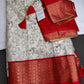 Kalamkari Cotton Silk Red Half White Floral Print Saree with kanchi Border - 