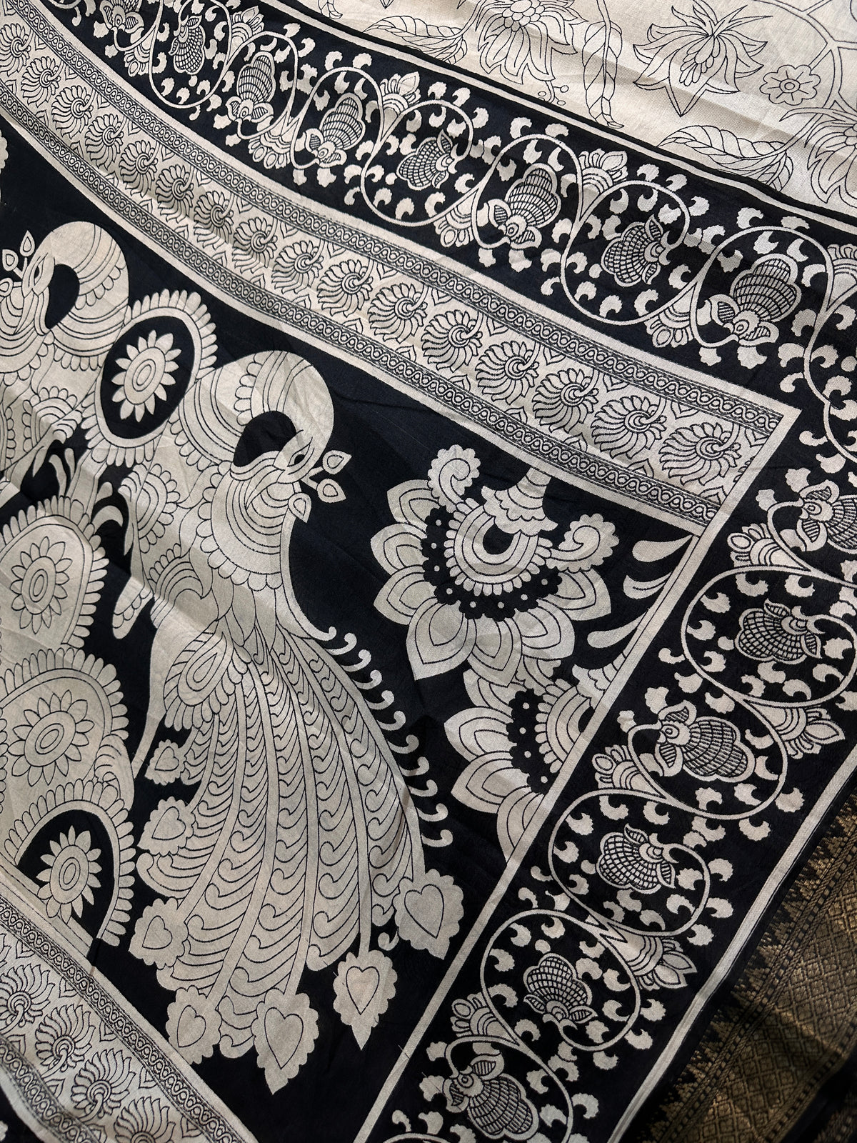Kalamkari Cotton Silk Black Cream Floral Print Saree with kanchi Border - 