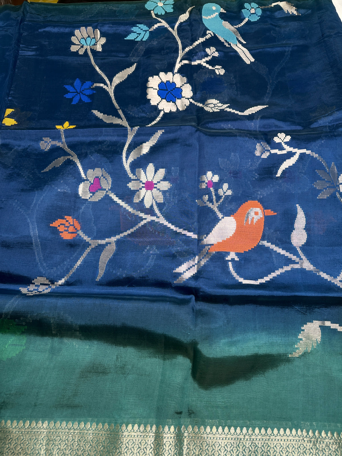 Oraganza Tissue Jamdani Weaving Blue Green Saree - 