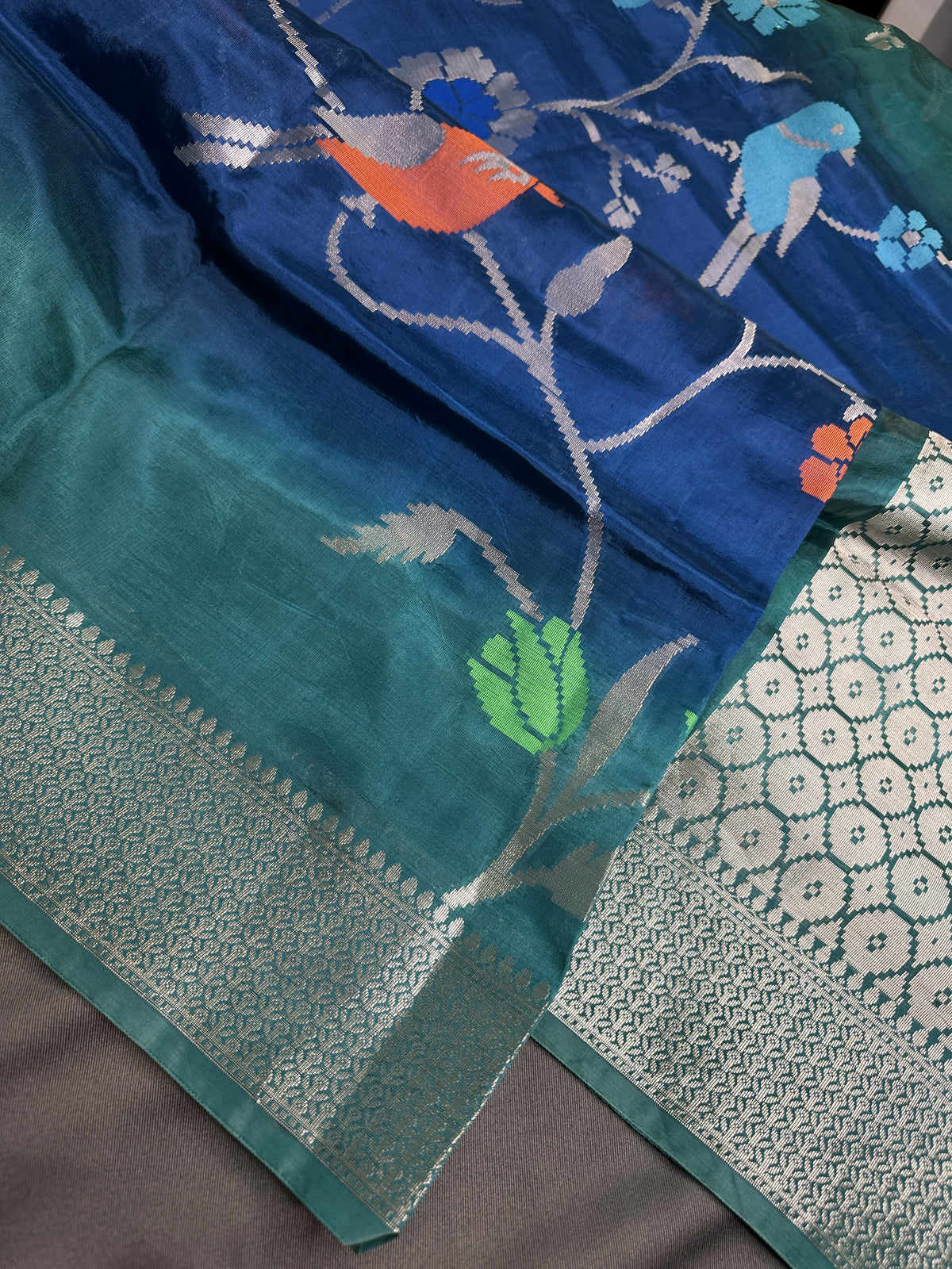 Oraganza Tissue Jamdani Weaving Blue Green Saree - 