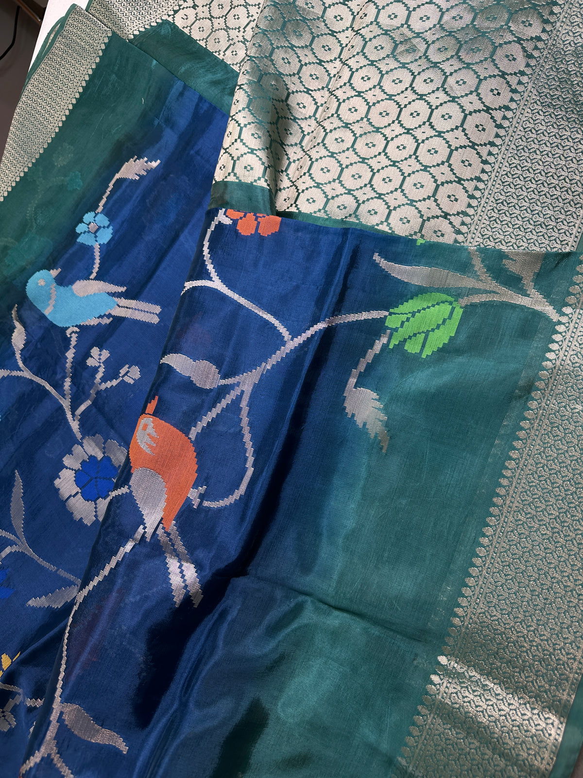 Oraganza Tissue Jamdani Weaving Blue Green Saree - 