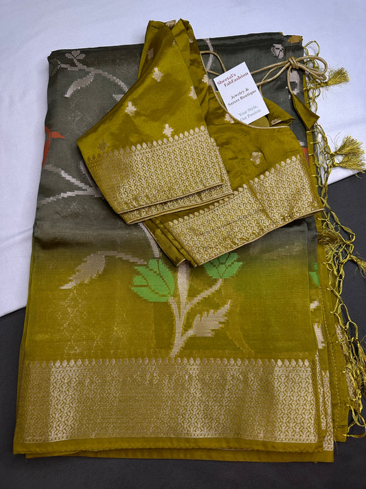 Oraganza Tissue Jamdani Weaving Green Saree - 