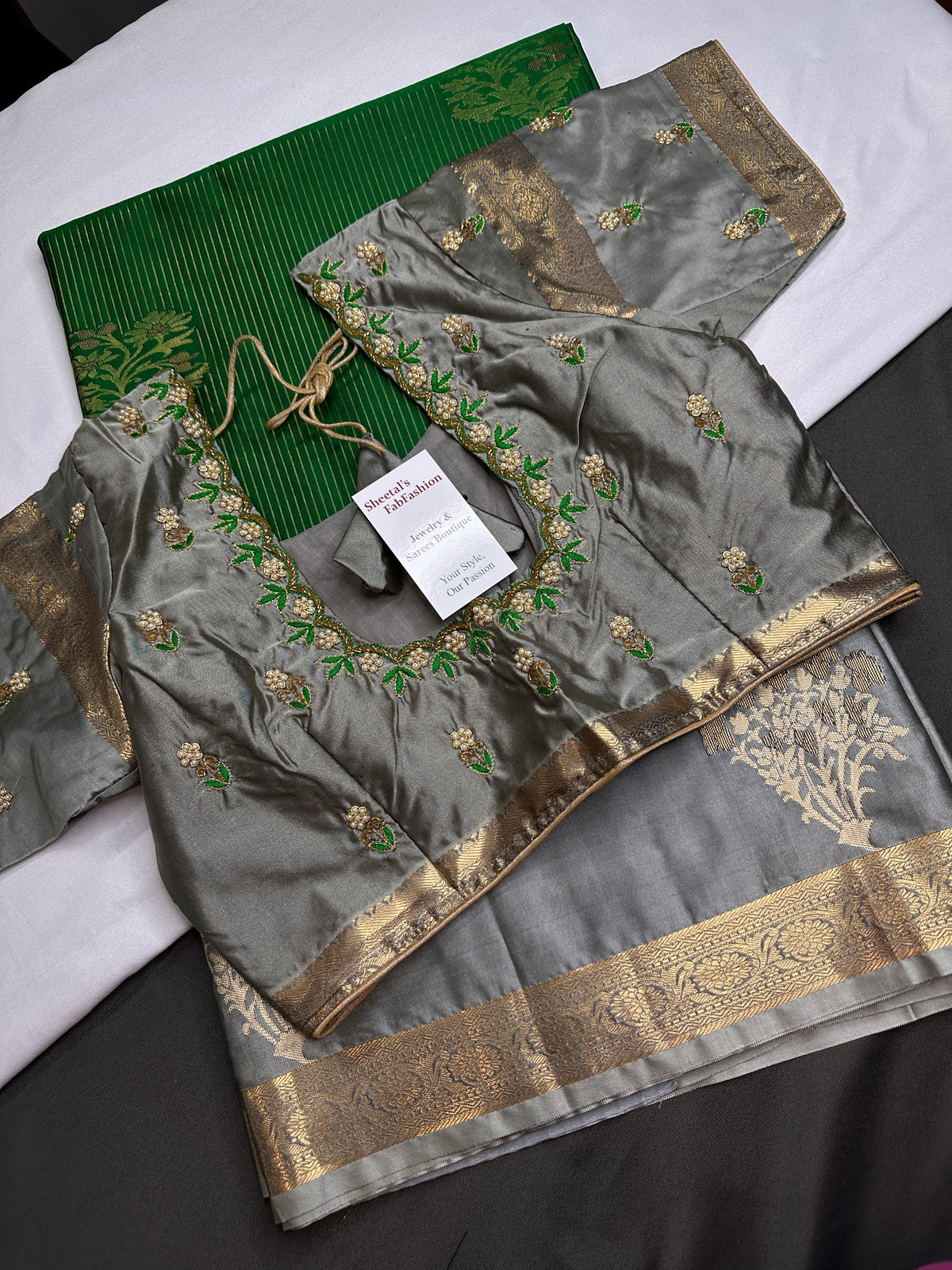 Green Grey Semi Dharmavaram Silk  Saree - 