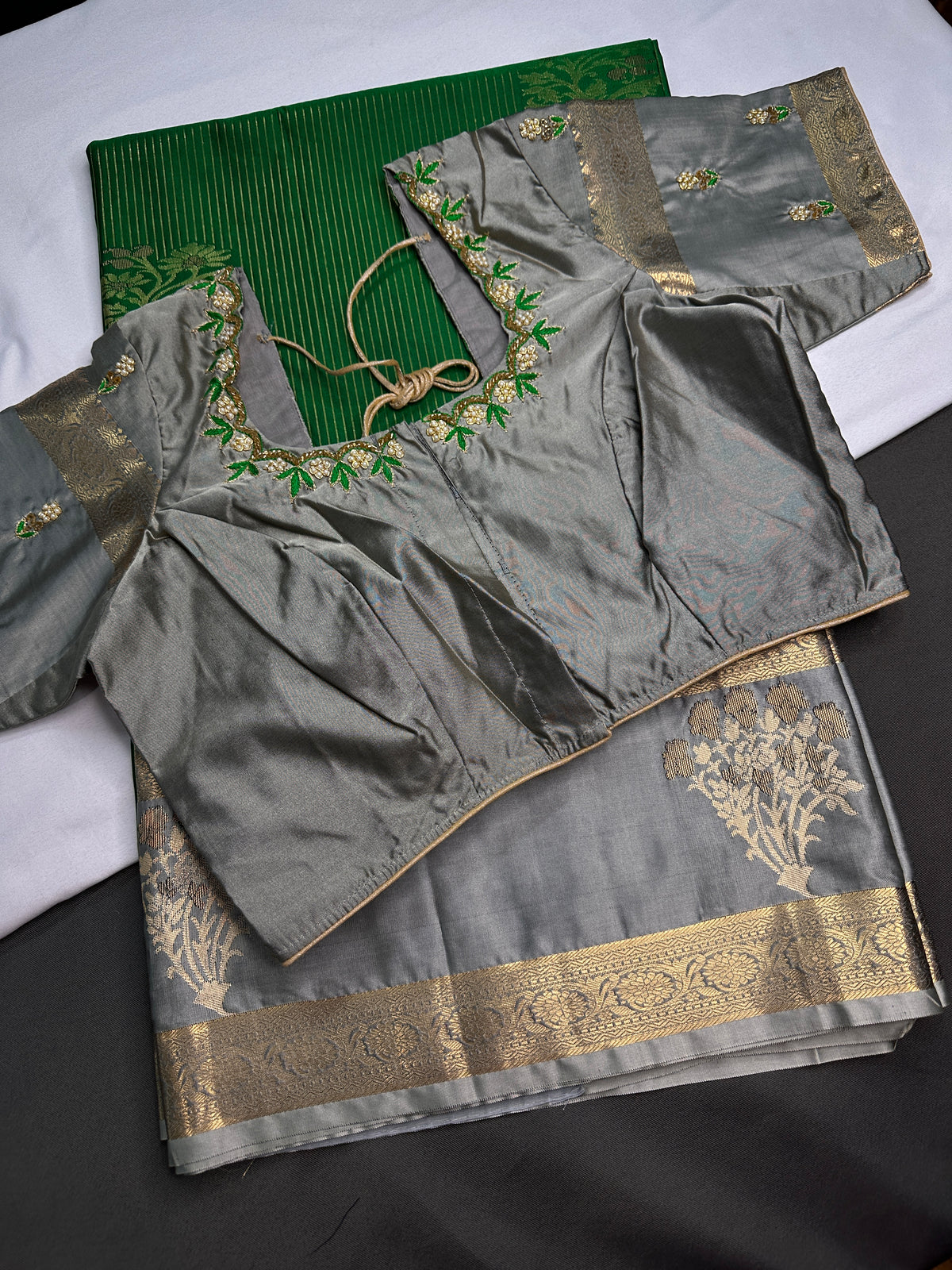 Green Grey Semi Dharmavaram Silk  Saree - 