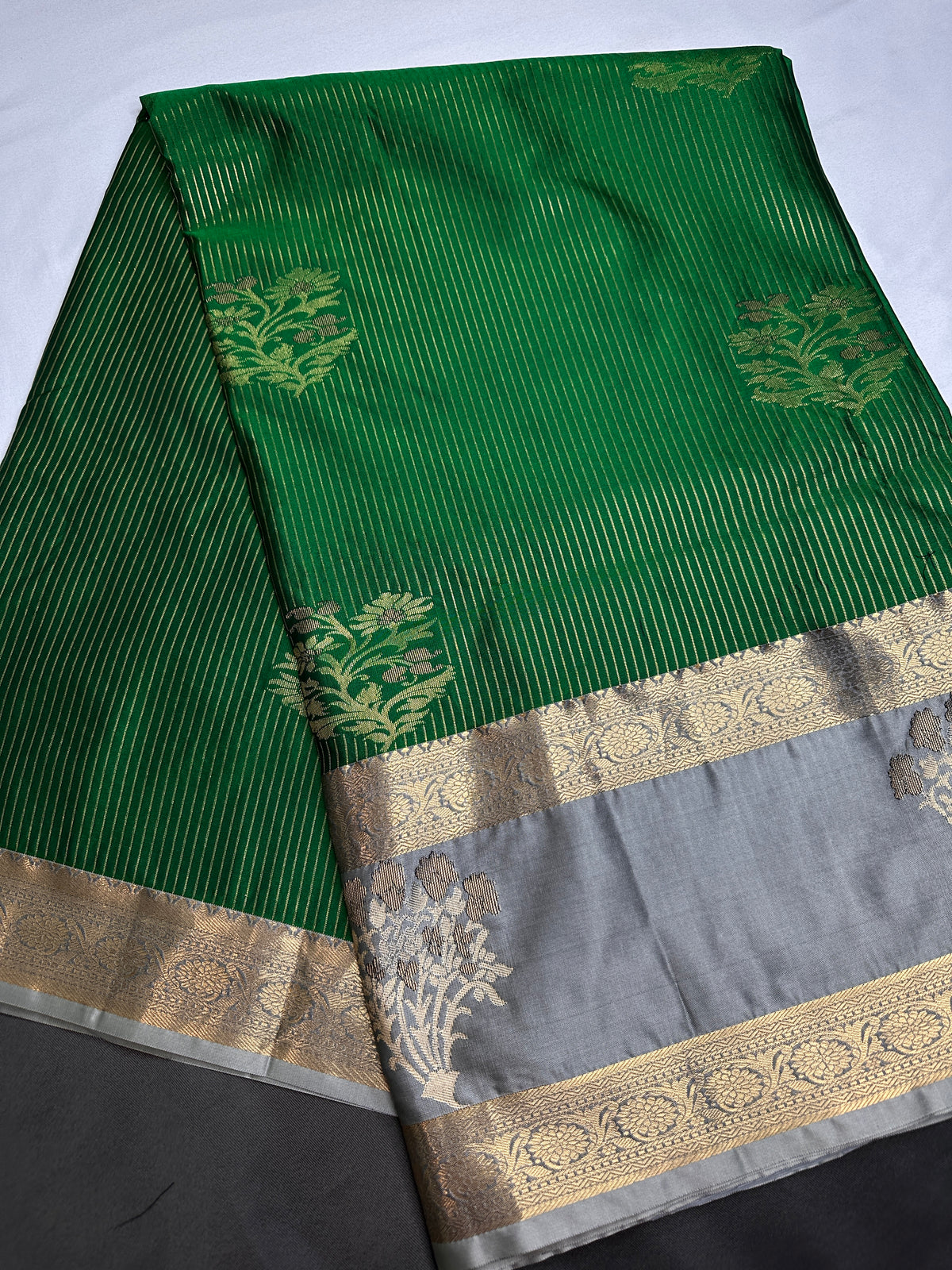 Green Grey Semi Dharmavaram Silk  Saree - 