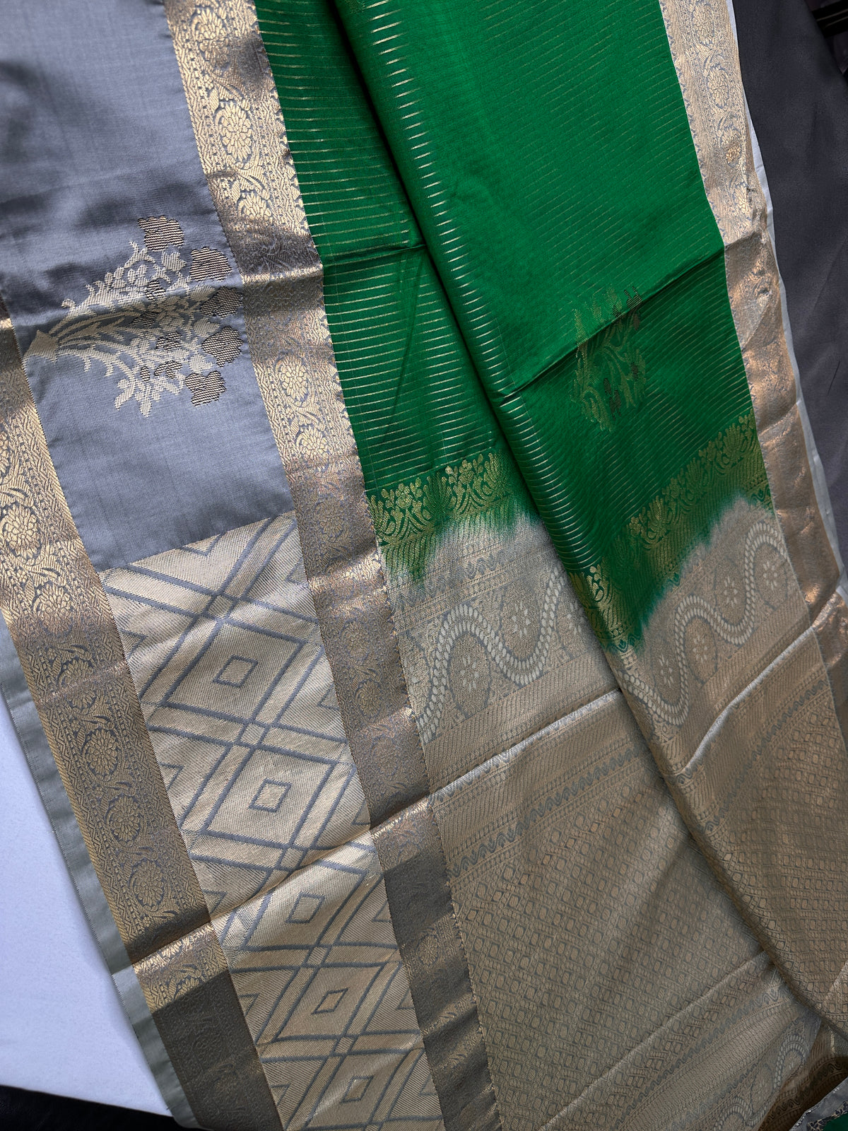 Green Grey Semi Dharmavaram Silk  Saree - 