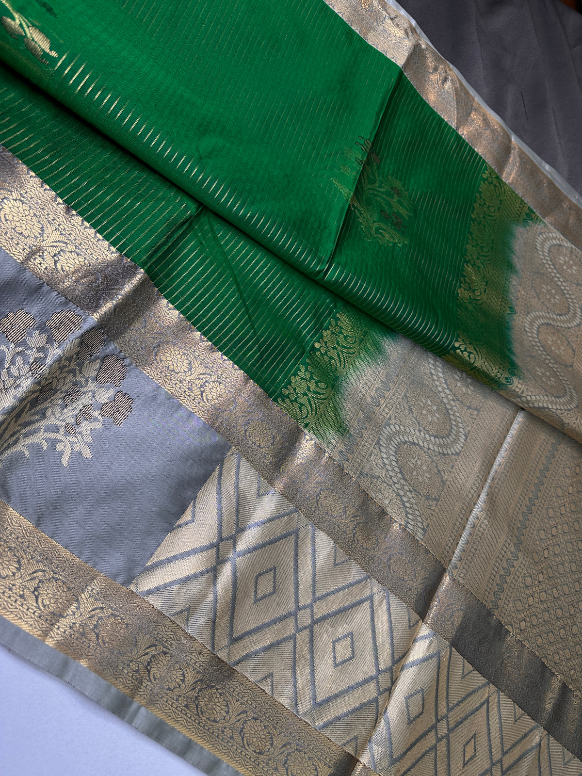Green Grey Semi Dharmavaram Silk  Saree - 