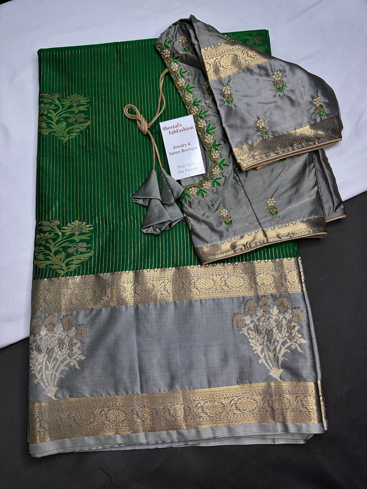 Green Grey Semi Dharmavaram Silk  Saree - 
