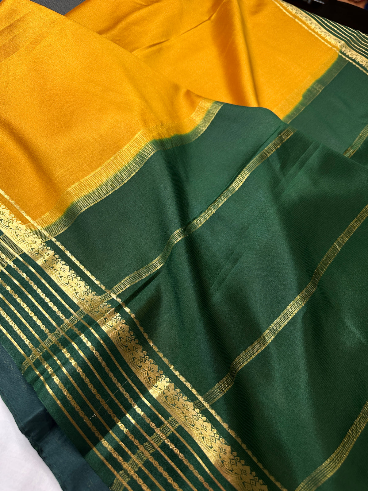 Yellow Green Pure Mysore Silk Light Weight Saree - 