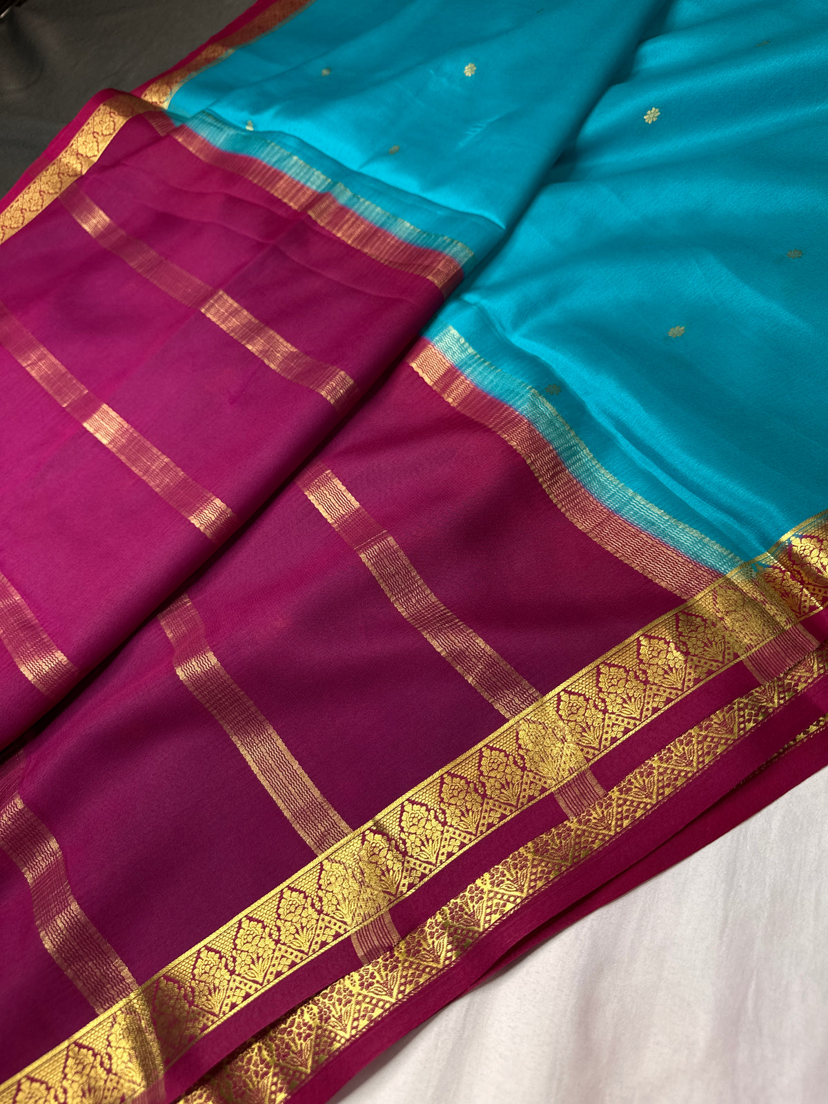 Blue Pink Pure Mysore Silk Light Weight Saree - 