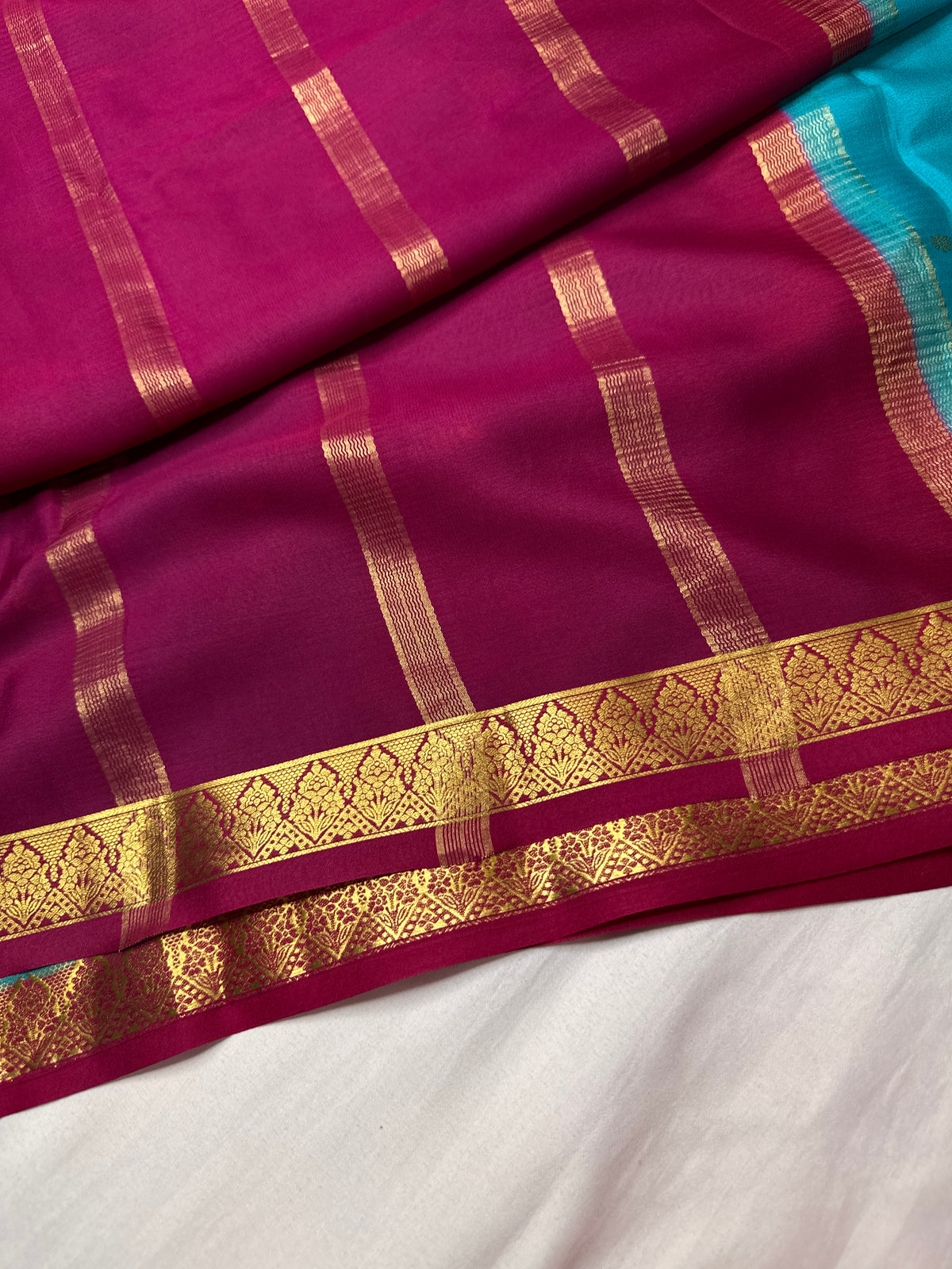 Blue Pink Pure Mysore Silk Light Weight Saree - 