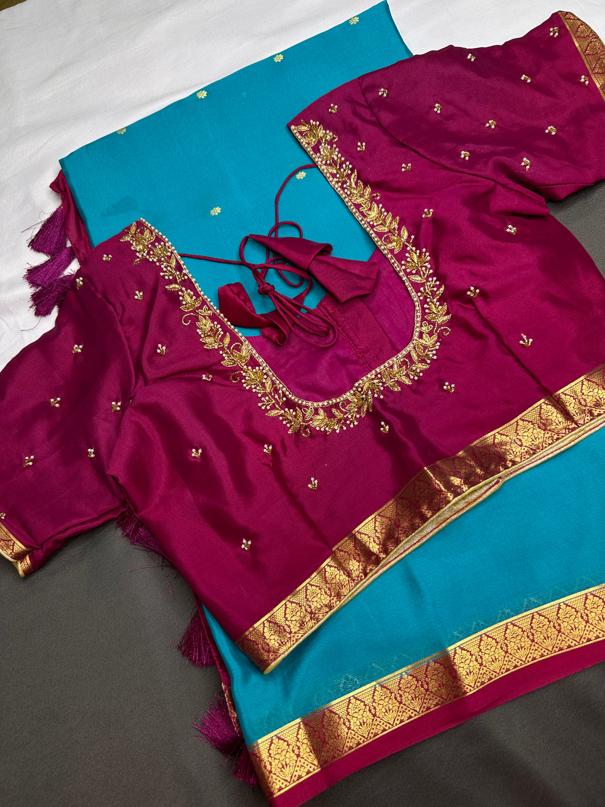 Blue Pink Pure Mysore Silk Light Weight Saree - 